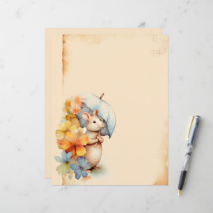 Mouse with umbrella flowers stained paper