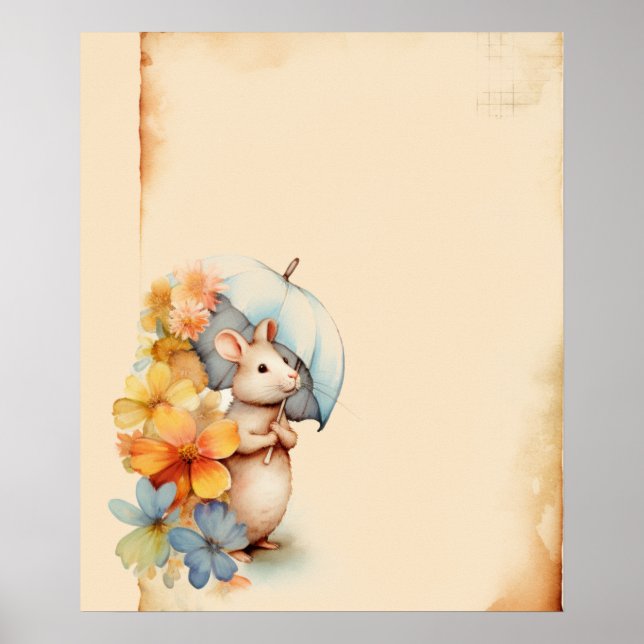 Mouse with umbrella flowers stained paper poster (Front)