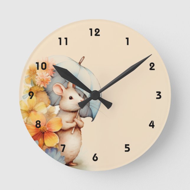 Mouse with umbrella flowers stained paper round clock (Front)