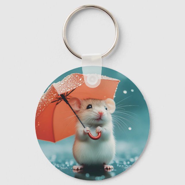 Mouse with Umbrella in Rain: Cute Rainy Day Scene Key Ring (Front)
