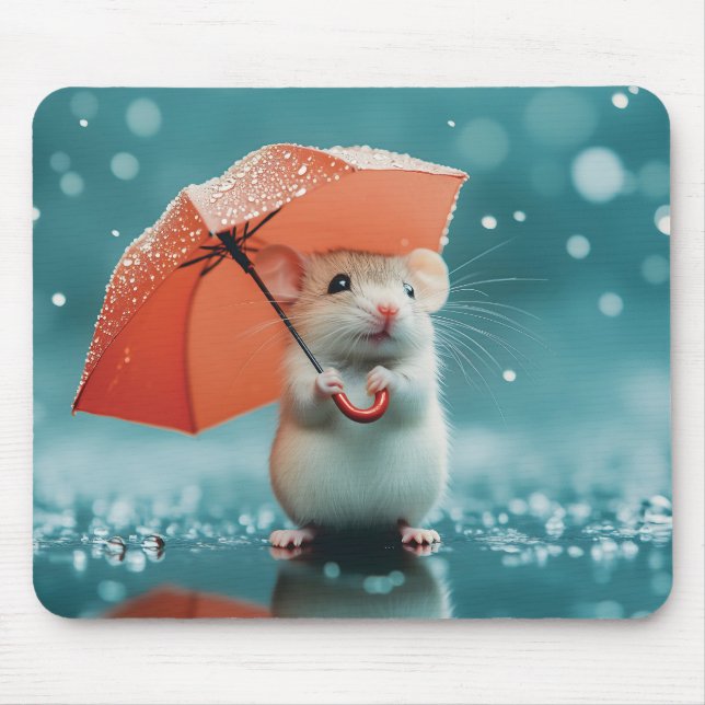 Mouse with Umbrella in Rain: Cute Rainy Day Scene Pad (Front)