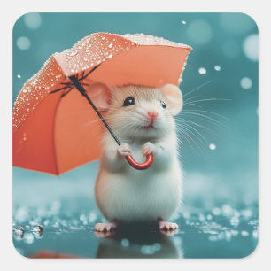 Mouse with Umbrella in Rain: Cute Rainy Day Scene Square Sticker