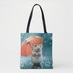 Mouse with Umbrella in Rain: Cute Rainy Day Scene Tote Bag