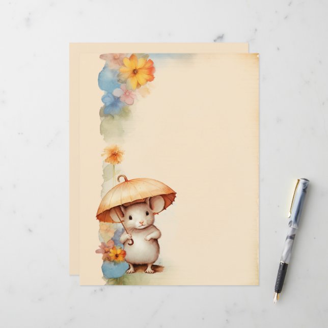 Mouse with umbrella orange blue pink brown paper (Front/Back In Situ)