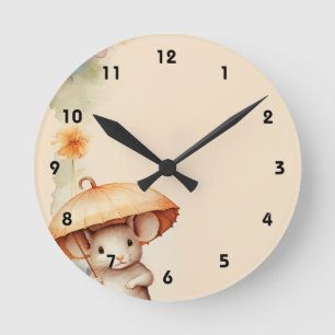 Mouse with umbrella orange blue pink brown paper round clock