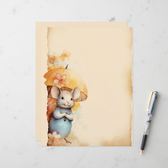 Mouse with umbrella stained paper smiling (Front/Back In Situ)