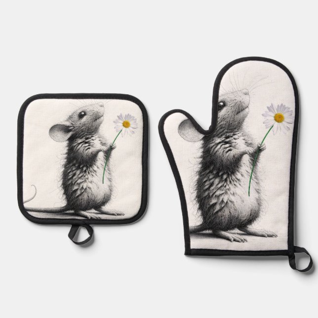 Mouse With White Daisy Oven Mitt & Pot Holder Set (Front)