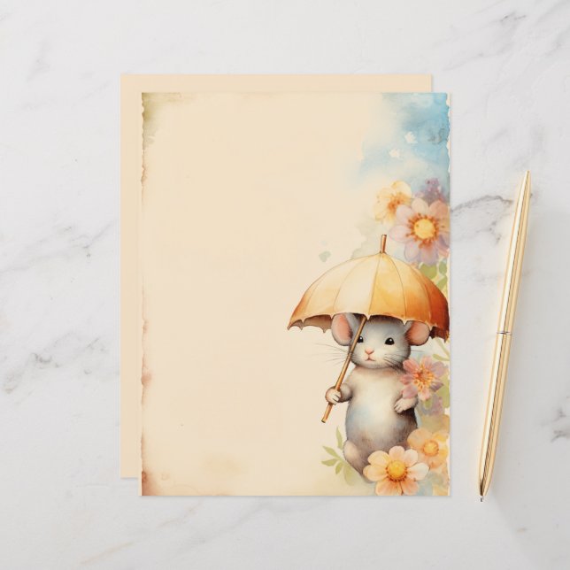 Mouse with yellow umbrella watercolor background (Front/Back In Situ)