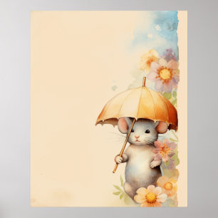 Mouse with yellow umbrella watercolor background poster