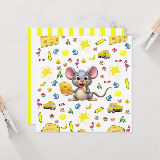 Mouse Yellow Cheese Cat Birthday Invitation Cards (Front/Back In Situ)
