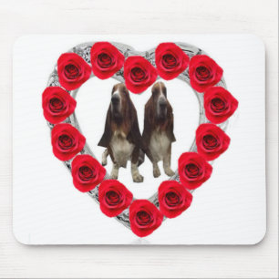 Mousepad Red Roses Heart With Basset Hounds