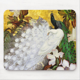 Mousepad: White and Blue Peacocks Mouse Pad