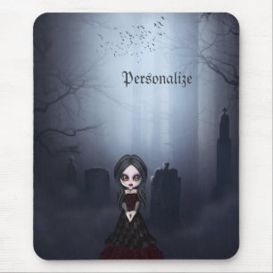 Mousepad with Creepy Goth Girl in Graveyard