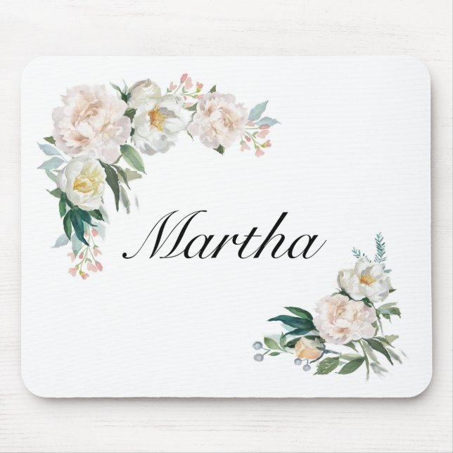 Mousepad with Name and White Peony Flowers (Front)