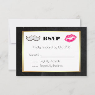 Moustache and Lips Black and Gold Wedding RSVP Card