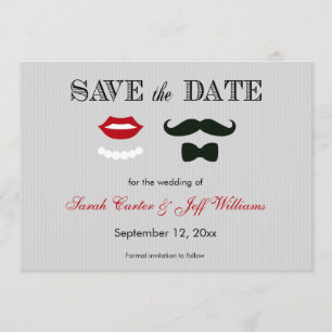 Moustache and Lips Grey Stripe Save the Date Cards