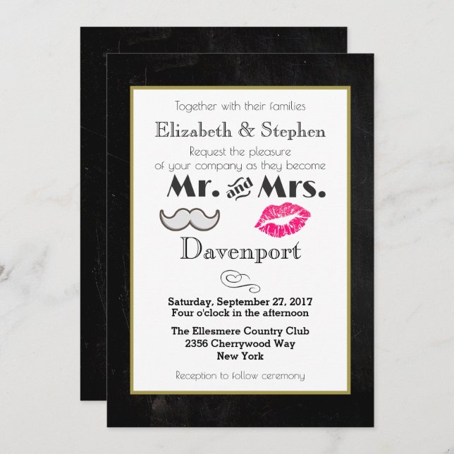 Moustache and Lips Wedding Invite on Black (Front/Back)