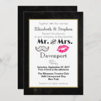 Moustache and Lips Wedding Invite on Black