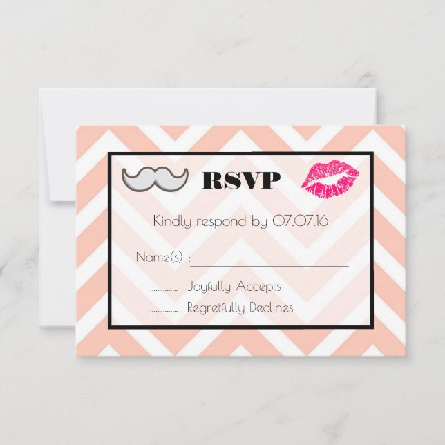 Moustache and Lips Wedding RSVP on Peach Chevron Card (Front)