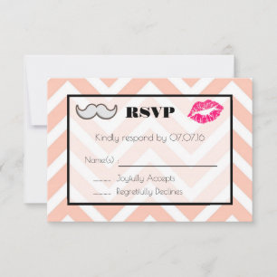 Moustache and Lips Wedding RSVP on Peach Chevron Card