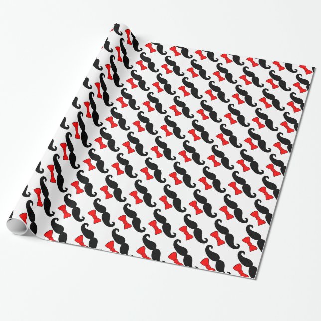 Moustache and Red Bowtie Funny Wrapping Paper (Unrolled)