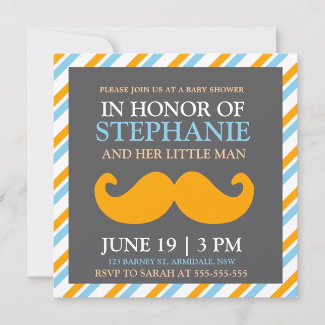 Moustache baby boy shower invites (Front)