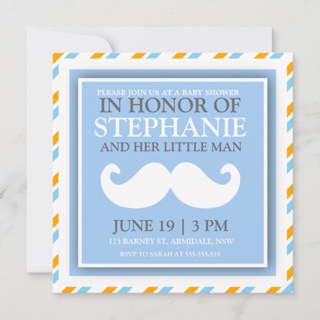 Moustache baby boy shower invites (Front)
