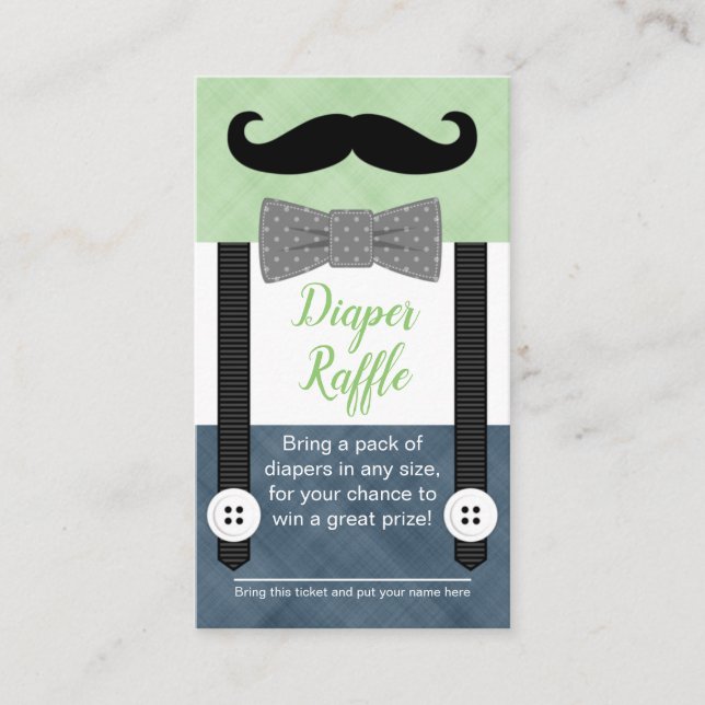 moustache baby diaper raffle ticket green navy blu enclosure card (Front)