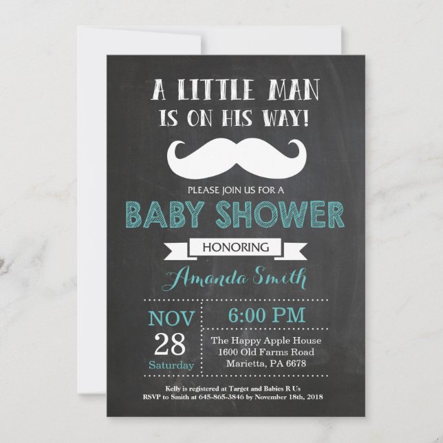 Moustache Baby Shower Invitation Aqua and Grey (Front)