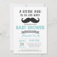 Moustache Baby Shower Invitation Aqua and Grey