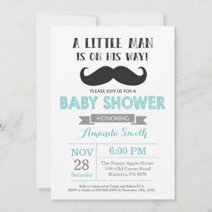 Moustache Baby Shower Invitation Aqua and Grey