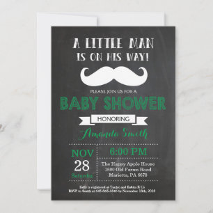 Moustache Baby Shower Invitation Green and Grey