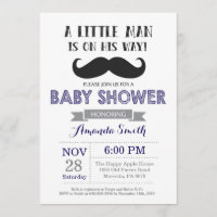 Moustache Baby Shower Invitation Navy Blue and Gre
