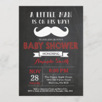Moustache Baby Shower Invitation Red and Grey