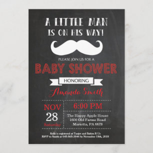 Moustache Baby Shower Invitation Red and Grey