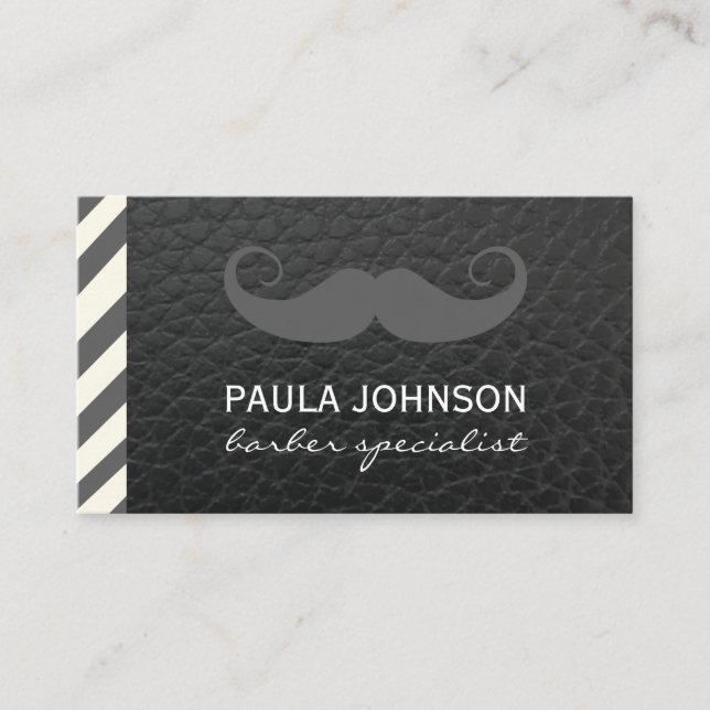 Moustache Barber Shop Pole Black Leather Business Card (Front)