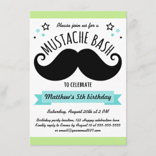 Moustache bash birthday party lime green aqua blue invitation