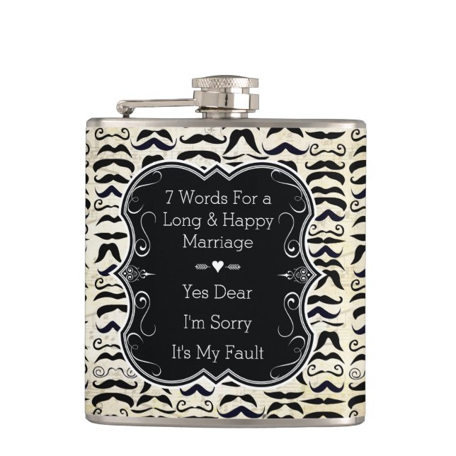 Moustache Black and Tan Hipster Pattern Hip Flask (Front)