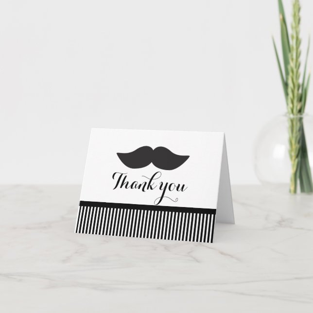 Moustache Black & White Striped Thank You Fold Car Card (Front)