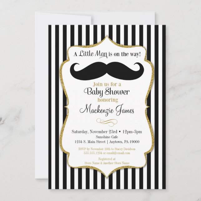 Moustache Boy Baby Shower Invitation Black Gold (Front)