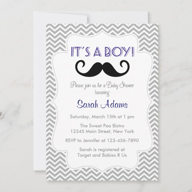 Moustache Boy Baby Shower Invitation Grey Chevron (Front)