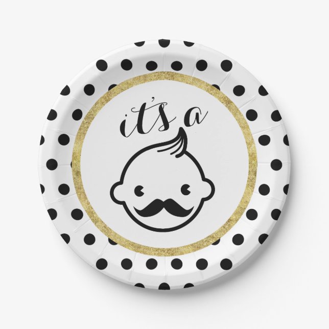 Moustache Boy Cute Polka Dots Baby Shower Paper Plate (Front)