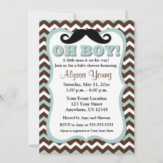 Moustache Brown Blue Chevron Baby Shower Invite