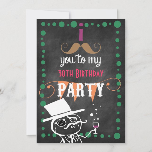 Moustache Chalkboard Birthday Party Invitation (Front)