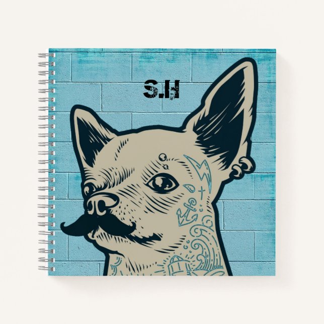 Moustache Chihuahua Graffiti Monogram Notebook (Front)
