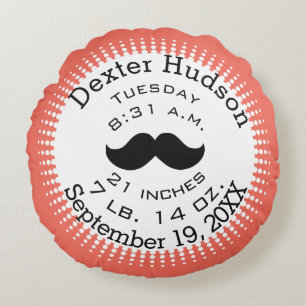 Moustache Coral Orange Personalise Birth Records Round Cushion