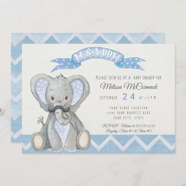 Moustache Cute Baby Elephant Boy Shower Chevron Invitation (Front/Back)
