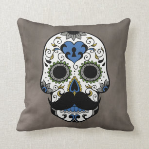 Moustache Day of the Dead Sugar Skull Cushion