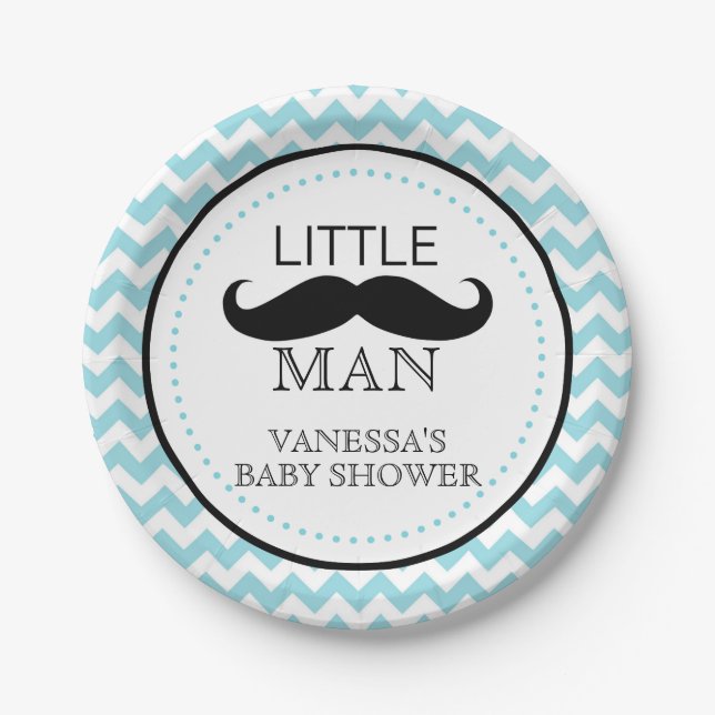 Moustache Lil' Man Baby Shower Boy Chevron Blue Paper Plate (Front)