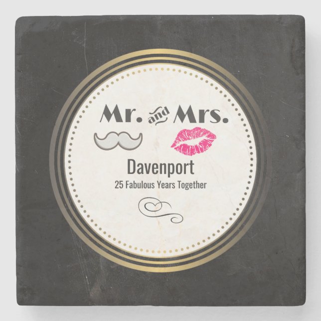 Moustache & Lips Mr. & Mrs. - Anniversary Stone Coaster (Front)